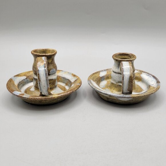 Handcrafted Pottery Taper Candle Holders Pair Stoneware Chambersticks Rustic - Picture 2 of 8